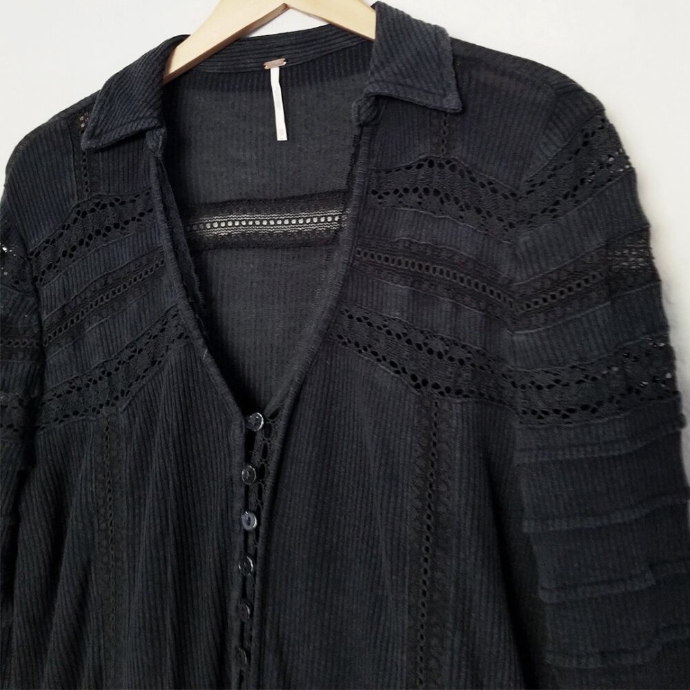 Free People Set To Stun Lace-Inset Low V Neck Collar Tunic Top Black XS $108 - Picture 6 of 16